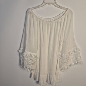 White L Boho Peasant Blouse Off Shoulder Gypsy Hippie Crochet Lace Bell Sleeves